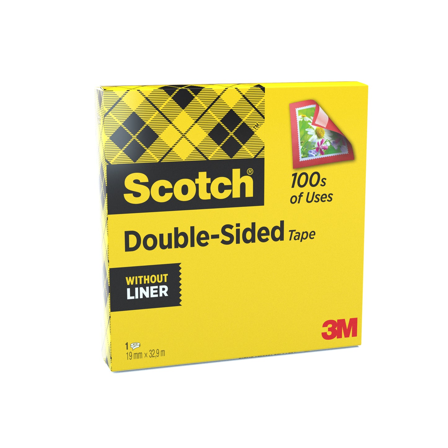 Eine gelbe Schachtel Scotch® doppelseitiges Klebeband (1 Rolle, 19 mm x 33 m) von 3M Deutschland GmbH, beschriftet "ohne Liner" und "100s of Uses", ideal für Bastelbedarf. Die Vorderseite zeigt Klebeband, das ein Bild hält.