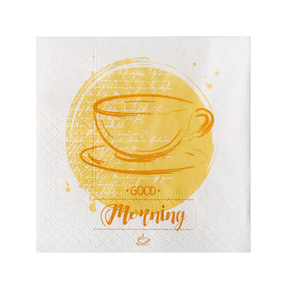 Die 3-lagigen weißen Servietten (24 x 24 cm, 1/4-Falz) der PAPSTAR GmbH zeigen eine gelbe Teetasse und Untertasse mit handgeschriebener Schrift und „Guten Morgen“ in Orange; Packung mit 200 Stück.
