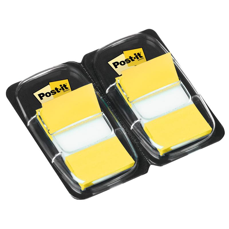 Dve balenia indexových lepiacich pásikov 3M Post-it®, štandard (25,4 mm x 43,2 mm, 50 kusov na dávkovač), sú dodávané v čiernom plastovom držiaku, každé s obdĺžnikovými, pripravenými lepiacimi pásikmi.