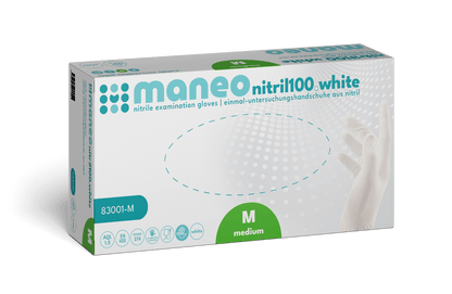Eine Schachtel MANEO Nitril-Handschuhe, hygienisch und strapazierfähig der ARNOWA GmbH, mittlere Größe, zeigt auf der Vorderseite der Verpackung Produktdetails, Icons und die Abbildung einer behandschuhten Hand.