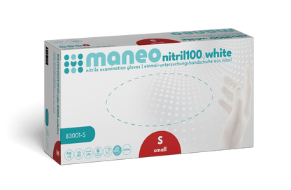 Eine rechteckige Schachtel MANEO Nitril-Handschuhe, hygienisch und strapazierfähig der ARNOWA GmbH in der Größe small zeigt ein blau-weißes Design mit Produktangaben und der Abbildung einer behandschuhten Hand auf der Vorderseite.