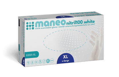 Eine rechteckige Schachtel MANEO Nitril-Handschuhe, hygienisch und strapazierfähig von ARNOWA GmbH in XL, mit teal und blauem Branding und einer Abbildung einer behandschuhten Hand auf der rechten Seite.