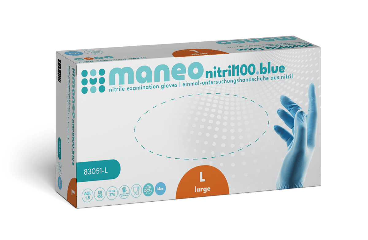 Eine rechteckige Schachtel MANEO Nitril-Handschuhe, hygienisch und strapazierfähig der ARNOWA GmbH in der Größe large zeigt ein überwiegend weißes Design mit blauen und orangefarbenen Akzenten sowie ein Handschuhbild und Hygieneinformationen auf der Vorderseite.