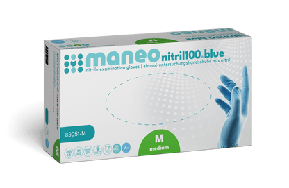 Eine rechteckige Schachtel MANEO Nitril-Handschuhe, hygienisch und strapazierfähig von ARNOWA GmbH. Mittlere Größe, in einer weißen Schachtel mit blauen und grünen Akzenten, mit einer behandschuhten Hand und Text in Englisch und Deutsch.