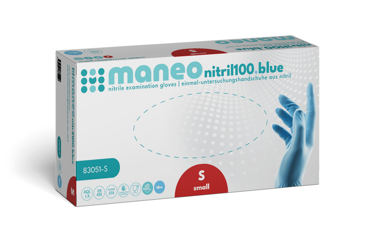 Eine rechteckige Schachtel der ARNOWA GmbH mit der Aufschrift "MANEO Nitril-Handschuhe, hygienisch und strapazierfähig" enthält kleine, blaue Einweghandschuhe. Die Verpackung zeigt eine behandschuhte Hand, Produktsymbole und einen zweisprachigen Text.