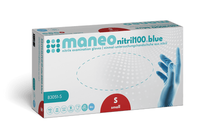 Eine rechteckige Schachtel der ARNOWA GmbH mit der Aufschrift "MANEO Nitril-Handschuhe, hygienisch und strapazierfähig" enthält kleine, blaue Einweghandschuhe. Die Verpackung zeigt eine behandschuhte Hand, Produktsymbole und einen zweisprachigen Text.