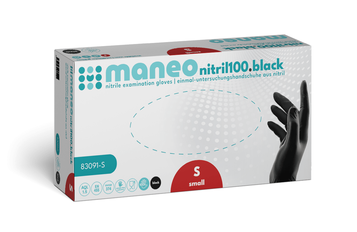 Eine Schachtel MANEO Nitril-Handschuhe, hygienisch und strapazierfähig von ARNOWA GmbH, Größe klein. Die weiße Schachtel mit türkisen und roten Akzenten zeigt auf der rechten Seite eine Hand in einem schwarzen Handschuh.