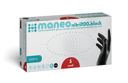 Eine Schachtel MANEO Nitril-Handschuhe, hygienisch und strapazierfähig von ARNOWA GmbH, Größe klein. Die weiße Schachtel mit türkisen und roten Akzenten zeigt auf der rechten Seite eine Hand in einem schwarzen Handschuh.