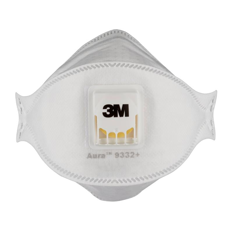 3M™ Aura™ Comfort Cool Flow™ časticová maska 9332+, FFP3, s ventilom od 3M Deutschland GmbH je biela jednorazová respiračná maska s centrálnym výdychovým ventilom, zobrazená na jednofarebnom bielom pozadí.