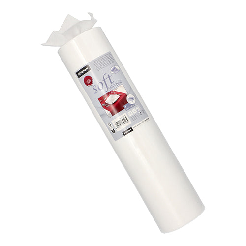 Biela rolka Starpak stolového bežca, látkový netkaný „soft selection“ (24 m x 40 cm), zobrazuje názov značky a produktový štítok s červenou stolovou súpravou, niektoré listy sú mierne vytiahnuté hore.