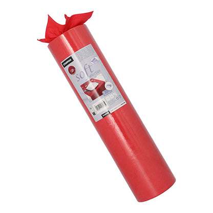 Rolka Starpak stolového bežca, látkový netkaný „soft selection“ (24 m x 40 cm), stojí vzpriamene. Na etikete sú zobrazené produktové informácie a zabalené darčeky, zatiaľ čo mäkký bežec je hore čiastočne odvinutý.