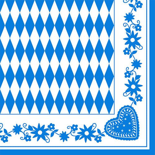 PAPSTAR Servítky 1/4-sklad, 40x40 cm, Bavorské modré (3-vrstvové) ukazujú modro-biely kosoštvorcový vzor s modrými kvetinovými okrajmi a srdcovým motívom. Dostupné v balení po 50 kusov u PAPSTAR s.r.o.