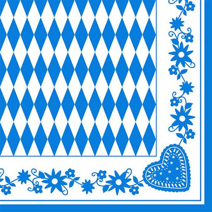 PAPSTAR Servítky 1/4-sklad, 40x40 cm, Bavorské modré (3-vrstvové) ukazujú modro-biely kosoštvorcový vzor s modrými kvetinovými okrajmi a srdcovým motívom. Dostupné v balení po 50 kusov u PAPSTAR s.r.o.