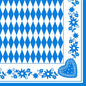 PAPSTAR Servítky 1/4-sklad, 40x40 cm, Bavorské modré (3-vrstvové) ukazujú modro-biely kosoštvorcový vzor s modrými kvetinovými okrajmi a srdcovým motívom. Dostupné v balení po 50 kusov u PAPSTAR s.r.o.