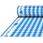 Obrus Airlaid, Bayrisch Blau (25 m x 1,18 m), zobrazuje modro-biely kosoštvorcový vzor s modrými srdcovými a kvetinovými bordúrami; dodáva sa ako rolka v zmršťovacej fólii od PAPSTAR GmbH.