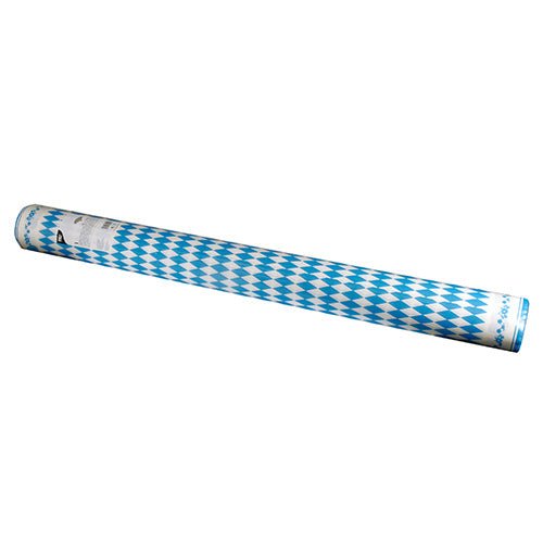 Obrus Airlaid-Rolle (Bayrisch Blau, 25 m x 1,18 m) od PAPSTAR GmbH je vybavený modro-bielym kosoštvorcovým vzorom a je zabalený v zmršťovacej fólii s etiketou na jednom konci na bielom pozadí.