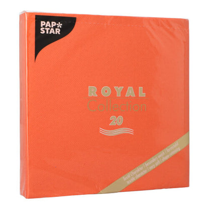 Eine Packung PAPSTAR 20 Servietten "ROYAL Collection" 1/4-Falz 40x40 cm von PAPSTAR GmbH, mit Produktangaben in Gold auf der Premium-Tissue Verpackung.