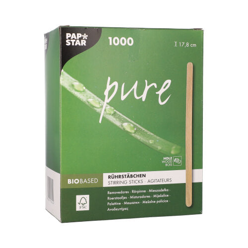 Die grüne Box "pure" von PAPSTAR enthält 1000 FSC®-zertifizierte Rührstäbchen aus Holz (17,8 cm), mit der Übersetzung "Rührstäbchen" und dem Bild eines Holzstäbchens auf der Vorderseite. Produkt: PAPSTAR Rührstäbchen aus Holz, Faltschachtel, 1000 Stück.