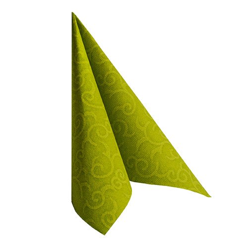 Zložená zelená PAPSTAR GmbH "ROYAL Collection" servítka 40 x 40 cm (1/4-skladacia) stojí vzpriamene v trojuholníkovom tvare na bielom pozadí.