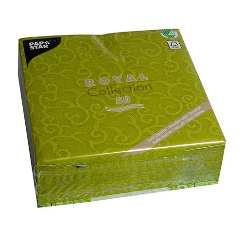 Balenie s 50 PAPSTAR servítkami "ROYAL Collection" 1/4-skladacie, 40 x 40 cm v zelenej farbe od PAPSTAR GmbH je dodávané v priehľadnom obale, ktorý na prednej strane ukazuje značku a údaje o produkte.