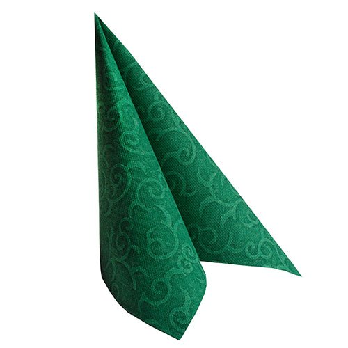 Zelená servítka "ROYAL Collection" PAPSTAR GmbH (40 x 40 cm, 1/4-skladacia) s embosovaným špirálovým vzorom je zložená na výšku do trojuholníka na bielom pozadí - ideálna pre slávnostné príležitosti.