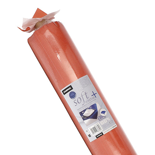 Eine Rolle Starpak Tischdecke, stoffähnlich Vlies "soft selection plus" medizinisches Papier mit einem zentralen Etikett mit der Marke Starpak, Anwendungshinweisen und dem Bild eines mit Papier bedeckten Untersuchungstisches, das die Qualität der langlebigen Tischdecke hervorhebt.