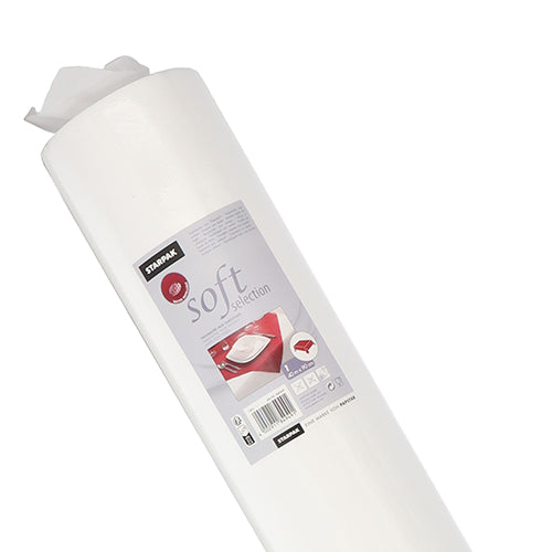 Eine Rolle Starpak Tischdecke, stoffähnlich Vlies „Soft Selection“. Die Verpackung zeigt den Markennamen, Produktdetails und Symbole, mit dem Bild einer gefalteten Serviette auf einem roten Teller für einen hochwertigen Touch.