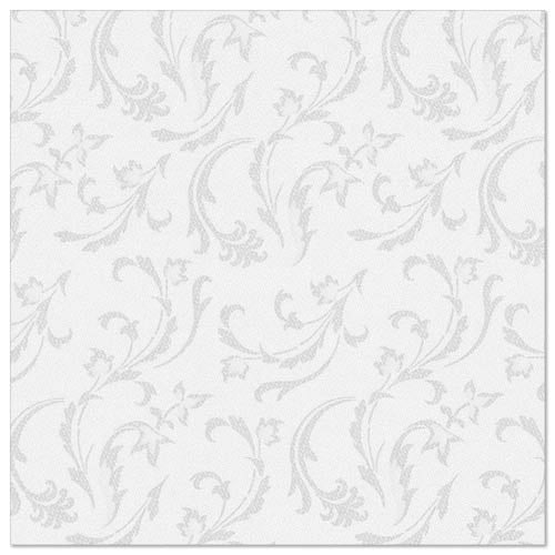 PAPSTAR GmbH 50 servítok "ROYAL Collection" 1/4-sklad 40 x 40 cm v bielej farbe ukazujú elegantný, svetlosivý kvetinový a listový vírový vzor rovnomerne rozložený na jednofarebnom bielom pozadí.