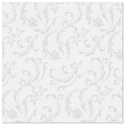 PAPSTAR GmbH 50 servítok "ROYAL Collection" 1/4-sklad 40 x 40 cm v bielej farbe ukazujú elegantný, svetlosivý kvetinový a listový vírový vzor rovnomerne rozložený na jednofarebnom bielom pozadí.