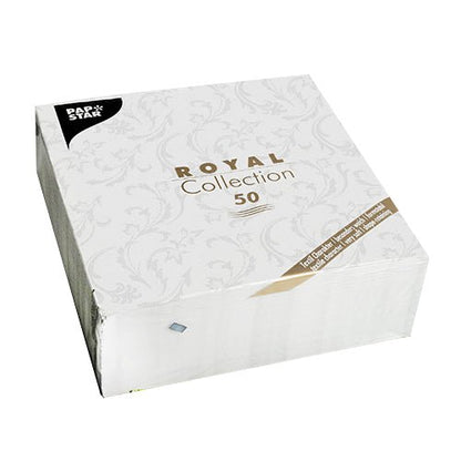 Balenie s 50 PAPSTAR servítkami "ROYAL Collection" 1/4-sklad, 40 x 40 cm, biele, od PAPSTAR GmbH. Balenie je elegantne ozdobené jemným vzorom a zlatým-čiernym písmom.