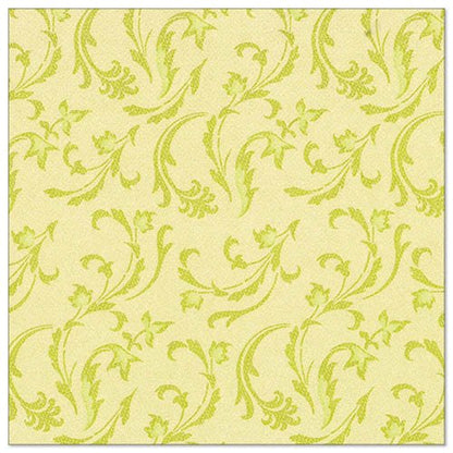 Svetložlté servítky s opakujúcim sa zeleným listovým a kvetinovým vzorom, inšpirované 50 servítkami "ROYAL Collection" 1/4-skladacie 40 x 40 cm zelené PAPSTAR GmbH, ponúkajú elegantný dekoratívny nádych.