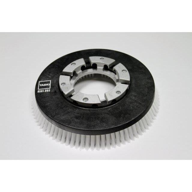 Kefa na drhnutie Nylon (35 cm) od Diversey Deutschland GmbH & Co. OHG je okrúhla štandardná kefa na drhnutie s bielymi štetinami pre swingo 2500, označená "TASKI 8501.080", navrhnutá pre tvrdé podlahy. Jeden kus na balenie, zobrazený na jednofarebnom bielom pozadí.