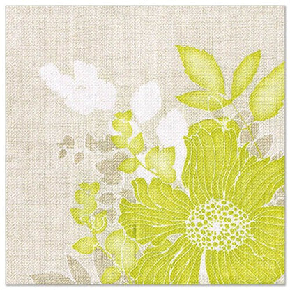 Štruktúrované béžové pozadie s veľkým žlto-zeleným kvetom a menšími bielo-zelenými akcentmi, ideálne pre PAPSTAR 50 obrúskov "ROYAL Collection" 1/4-sklad 40 x 40 cm zelené od PAPSTAR GmbH.