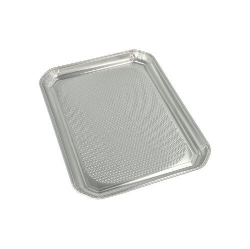 Starpak 5 servírovacích podnosov, hliníkové obdĺžnikové 35 cm x 26 cm, sú obdĺžnikové hliníkové tácky s mierne zvýšeným okrajom a štruktúrovaným spodkom, ideálne pre gastronómiu, hygienicky zabalené v zmršťovacej fólii.