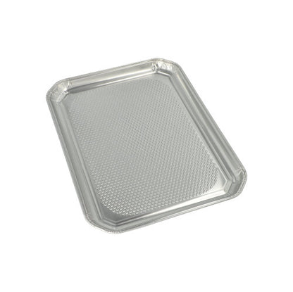 Starpak 5 servírovacích podnosov, hliníkové obdĺžnikové 35 cm x 26 cm, sú obdĺžnikové hliníkové tácky s mierne zvýšeným okrajom a štruktúrovaným spodkom, ideálne pre gastronómiu, hygienicky zabalené v zmršťovacej fólii.