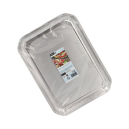 Starpak 5 servírovacích podnosov, hliníkové obdĺžnikové 35 cm x 26 cm, sú obdĺžnikové jednorazové misky z hliníka, hygienicky zabalené v zmršťovacej fólii s centrálne umiestnenou etiketou s obrázkom potravín, ideálne pre profesionálnu gastronómiu. (5 kusov).
