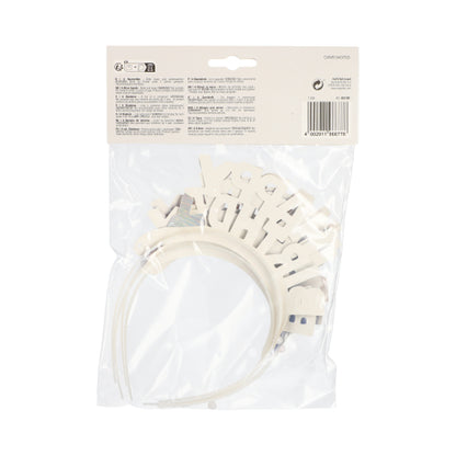 Balenie PAPSTAR 4 čelenky farebne zoradené „Metallic“ od PAPSTAR GmbH, pohľad zozadu. Farebné metalické čelenky sú viditeľné cez priehľadnú fóliu, hore sa nachádza text balenia a čiarový kód – ideálne na párty.