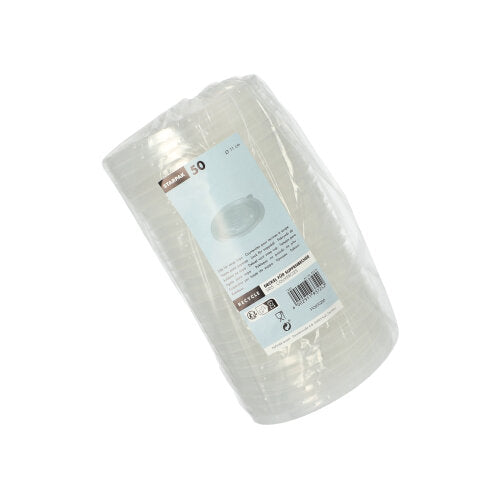 Stoh 50 priehľadných Starpak PP polievkových pohárov „To Go“ (Ø 11 cm) zabalených vo fólii s modro-bielou etiketou s detailmi o produkte a čiarovým kódom zabezpečuje bezškvŕnkovú použiteľnosť.