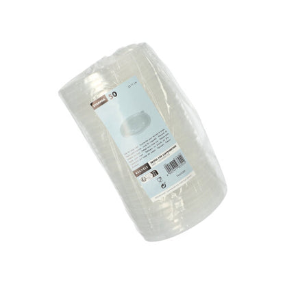 Stoh 50 priehľadných Starpak PP polievkových pohárov „To Go“ (Ø 11 cm) zabalených vo fólii s modro-bielou etiketou s detailmi o produkte a čiarovým kódom zabezpečuje bezškvŕnkovú použiteľnosť.