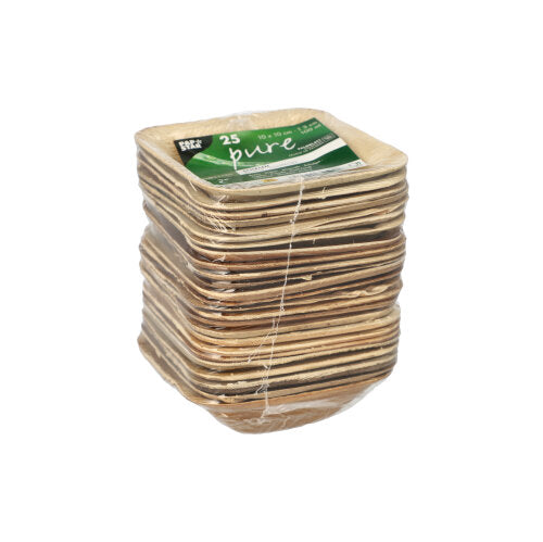Balenie 25 okrúhlych misiek z palmového listu „pure“ od PAPSTAR GmbH, ekologické a ideálne pre udržateľné podujatia, zabalené v priehľadnej fólii so zeleno-bielou etiketou.