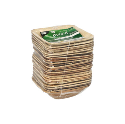Balenie 25 okrúhlych misiek z palmového listu „pure“ od PAPSTAR GmbH, ekologické a ideálne pre udržateľné podujatia, zabalené v priehľadnej fólii so zeleno-bielou etiketou.