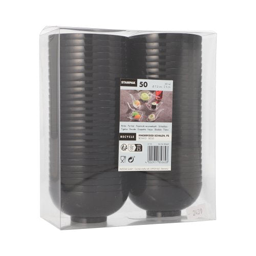 Priehľadné balenie obsahuje 50 čiernych PAPSTAR PS Fingerfood-mís spoločnosti PAPSTAR GmbH, usporiadané v dvoch radoch s predným štítkom a recyklačnými symbolmi – ideálne na večierky a podujatia.