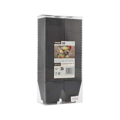 50 Fingerfood-mís, PS čierne spoločnosti PAPSTAR GmbH sú dodávané naskladané v priehľadnom polystyrénovom obale s predným štítkom s informáciami o produkte a obrázkami rastlín – perfektné pre záhradníctvo alebo štýlové použitie na večierkoch a podujatiach.