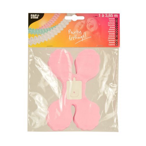 Eine PAPSTAR Girlande Papier, Ø 16 cm, farbig sortiert "Pastell", kommt gefaltet in einer Klarsichttüte mit Top-Etikett von der PAPSTAR GmbH - ideal für pastellfarbene Party-Dekoration.