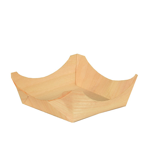 Malý, prázdny, svetlý PAPSTAR 50 Fingerfood-misky „pure“ okrúhly podnos z dreva od PAPSTAR GmbH s vyvýšenými, šikmými stranami a elegantným vzhľadom, fotografovaný na jednoduchom bielom pozadí.