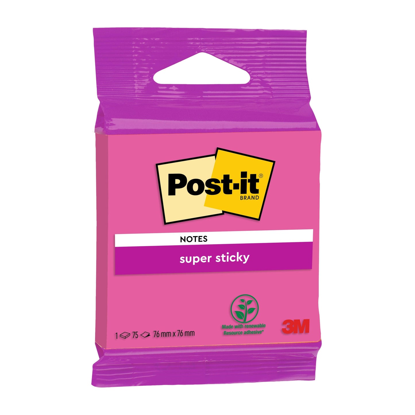 Eine Packung Post-it® Super Sticky Notes 6820S3, 76 x 76 mm, in neongrün, neonpink, ultragelb, ultragrün und ultrapink (1 Block mit 75 Blatt), von 3M Deutschland GmbH. Inklusive extra starker Klebekraft und PEFC-Zertifizierung auf der Verpackung.