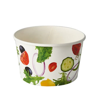 Starpak 50 šalátových misiek z kartónu „To Go“ (600 ml, Ø 12,5 cm x 7,5 cm) sú zvonka potlačené farebnými motívmi zeleniny. Táto súprava obsahuje 50 pevných kartónových misiek, ideálnych na šaláty na cestách. Miska je zobrazená prázdna na bielom pozadí.