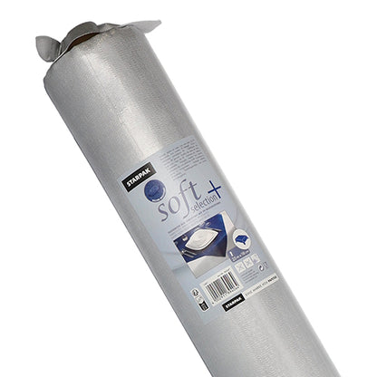 Eine Rolle Starpak Tischdecke, stoffähnlich, Vlies "soft selection plus" ist aufrecht mit einer Verpackung mit Produktinformationen und einem Tischbild abgebildet - ideal als langlebige, vielseitig einsetzbare Tischdecke oder Vlies.