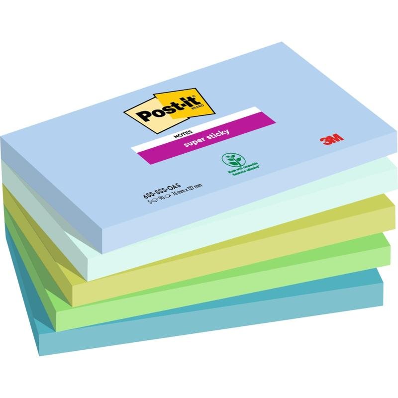 Stoh šiestich Post-it® Super Sticky Notes, 76 mm x 127 mm, 90 listov na blok, od 3M Deutschland GmbH, vyrobené zo 100% PEFC certifikovaného papiera v pastelových farbách ako modrá, zelená a žltá.