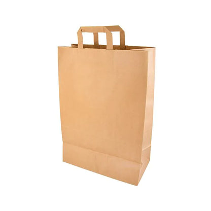 Taška PAPSTAR 50, papier s rukoväťou od PAPSTAR GmbH stojí vzpriamene na bielom pozadí. Ekologická, nepoužitá taška má ploché dno a dve obdĺžnikové rukoväte.